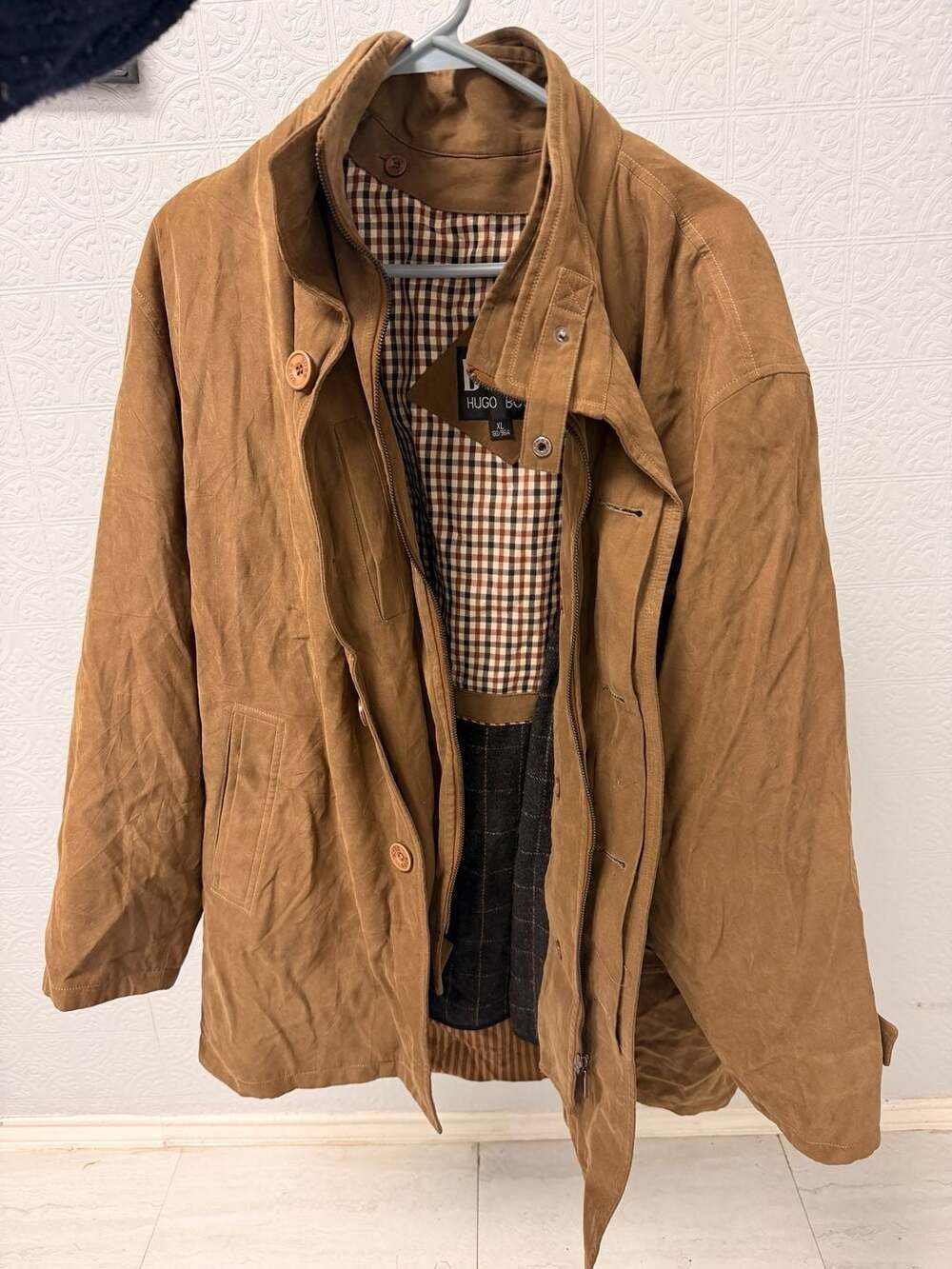 HUGO BOSS Vintage Brown Suede Field Jacket with Plaid Lining